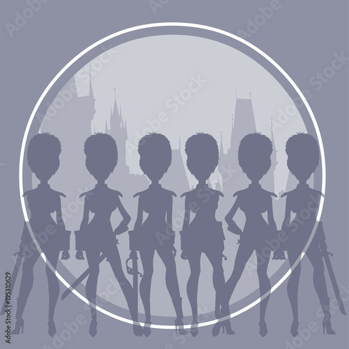 silhouettes of cartoon women in sexy clothes imitating soldiers of the royal guard
