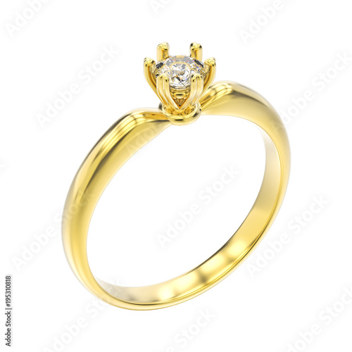 3D illustration isolated yellow gold traditional solitaire engagement diamond ring