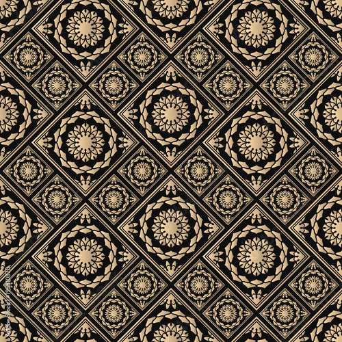 Seamless pattern oriental ornament. Black and golden textile print. Islamic vector design. Floral tiles.