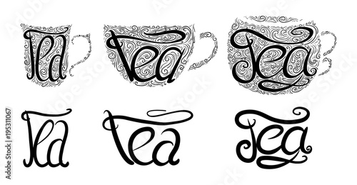 Set of teacups with Lettering and doodle tracery. Hand drawn illustration. Vector element for your design.