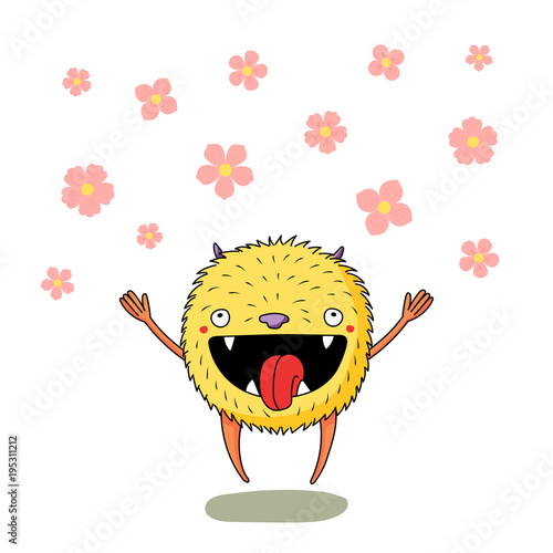 Hand drawn vector illustration of a cute little monster jumping happily among the falling cherry blossoms. Isolated objects on white background. Design concept for children, change of seasons.