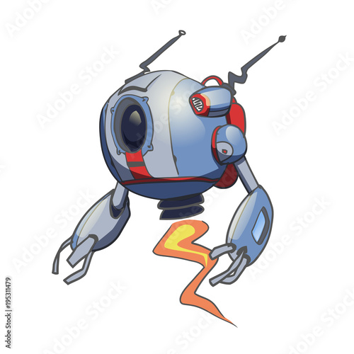Flying spherical robot. Vector illustration, isolated on white background.