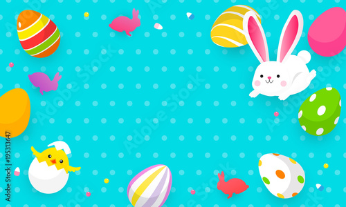 Happy Easter frame vector illustration. Cute bunny, newborn chicken and colorful Easter eggs with copy space on blue polka dot background. 