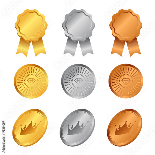 Gold, Silver And Bronze Award Medals with diamond and crown sign vector set design