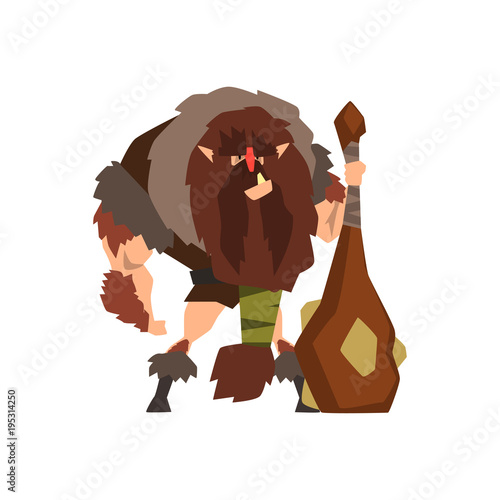 Caveman in animal skin with a cudgel, stone age character vector Illustration on a white background