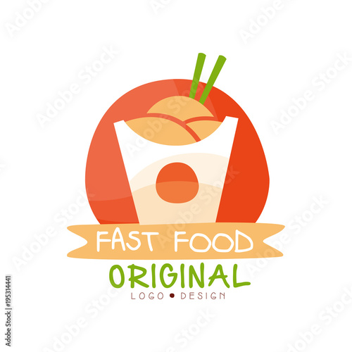 Fast food logo original design, badge with wok in paper box, fast food menu vector Illustration on a white background