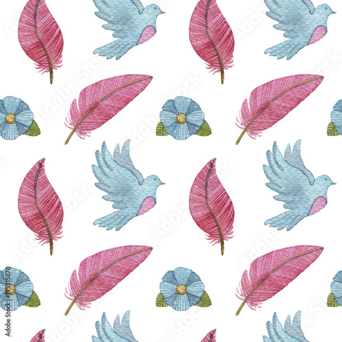Watercolor seamless background with feathers  flowers  dove  bird. 