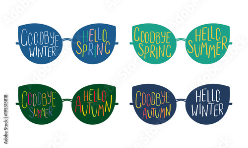 Hand drawn vector illustration of sunglasses with four seasons elements reflected inside the lenses. Isolated objects on white background. Design concept for change of seasons.