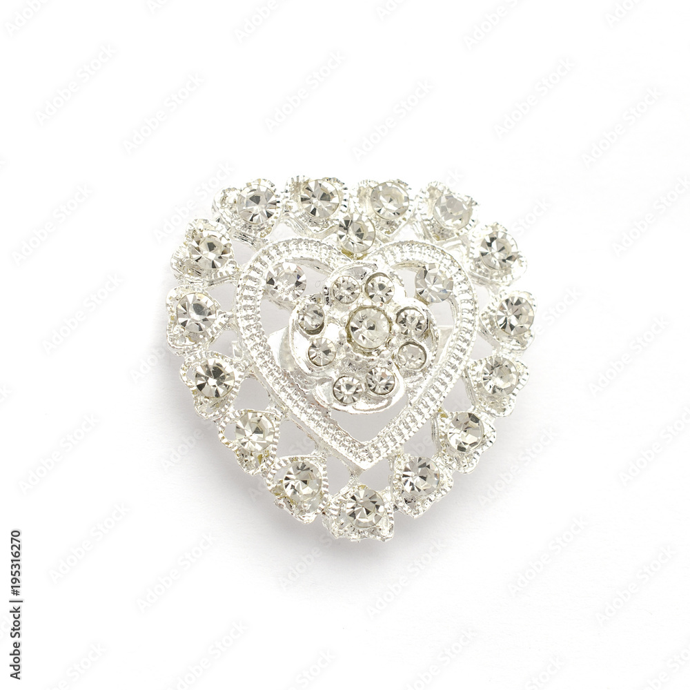 Brooch silver heart with diamonds isolated on white Brooch silver heart with diamonds isolated on white