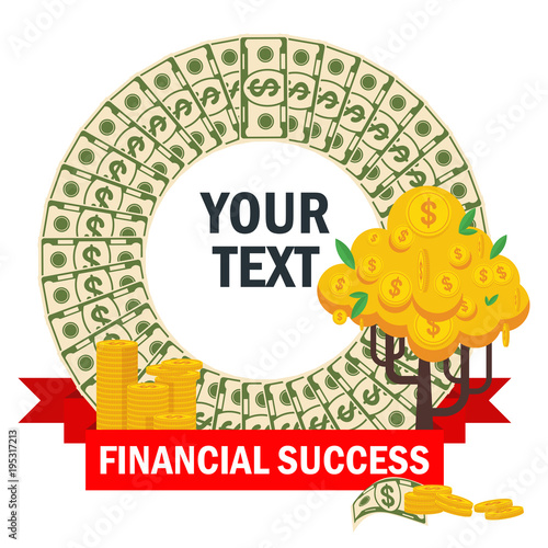 Poster template with an illustration of financial success and wealth. Flat vector cartoon illustration. Objects isolated on white background.