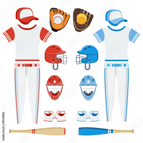 Baseball equipment set. Bat, ball, softball gloves, batting helmets, catcher gear and leg guards. Flat vector cartoon illustration. Objects isolated on a white background.