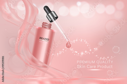 Pink cosmetic container with advertising background ready to use, luxury skin care ad. vector 3d illustration.	