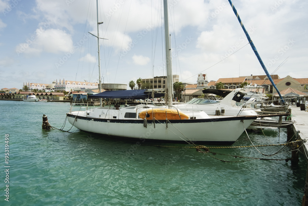 Sailboats moored at the port of Oranjestad, Aruba