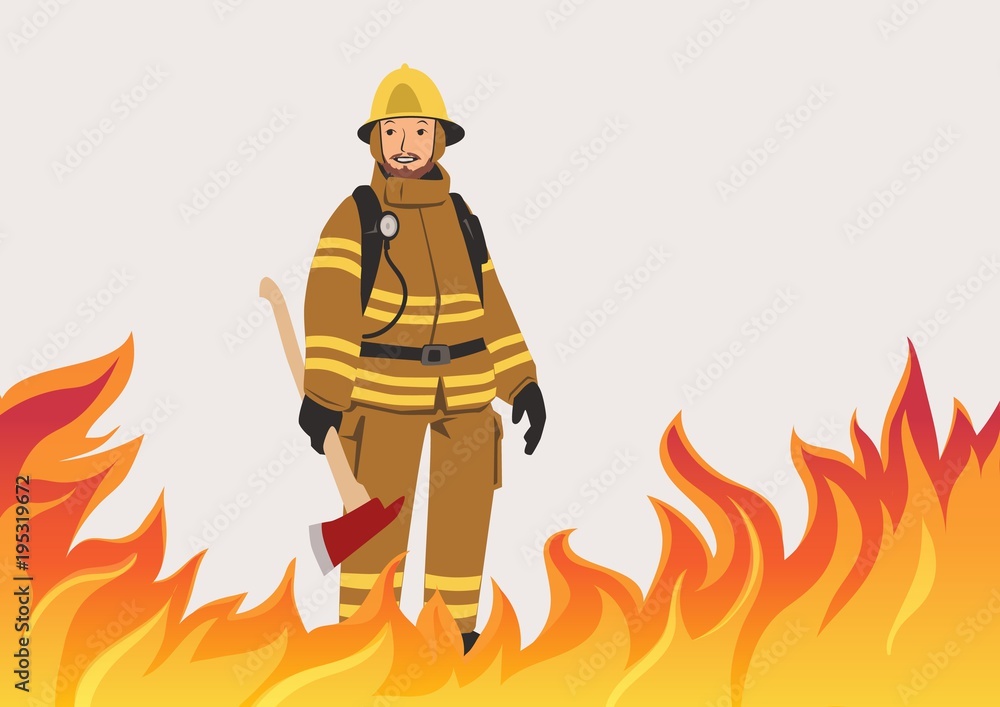 A firefighter with an ax standing in the midst of fire. Vector ...