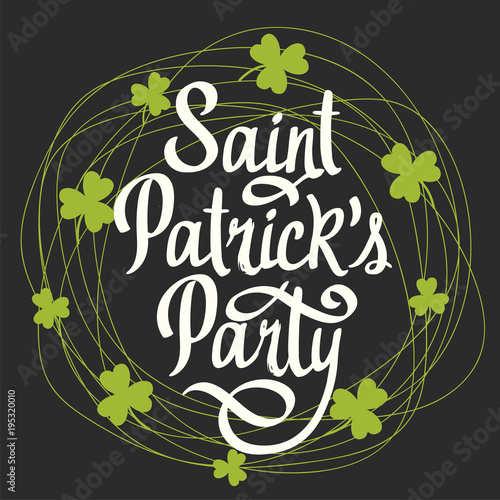 St. Patrick's Day. Clovers wreath in sketch style. Vector illustration with green leaves and congratulations no black background.