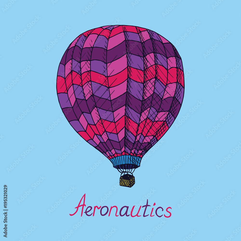 Fototapeta premium Pink, purple colors palette hot air balloon (Aeronautics) with inscription, hand drawn doodle sketch, isolated vector outline illustration on blue background