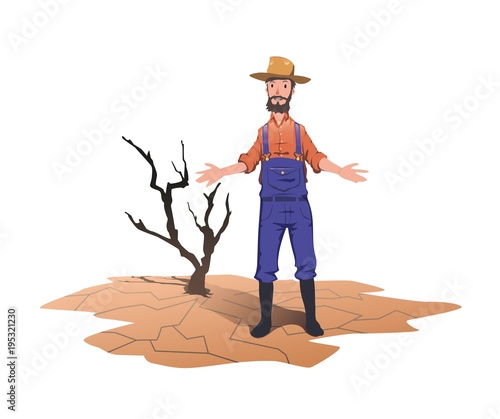 A farmer standing next to a dried dead tree. Concept on the theme of drought, global warming, lack of water for irrigation. Vector illustration, isolated on white background.