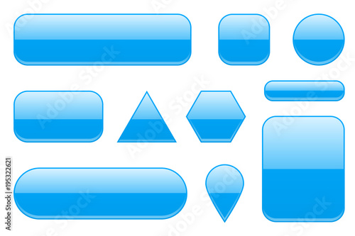 Blue glass buttons. Geometric shaped 3d icons set