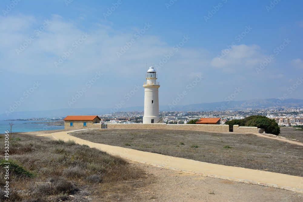 The old lighthouse in the background of the town of Paphos located on the island of Cyprus in the Mediterranean Sea