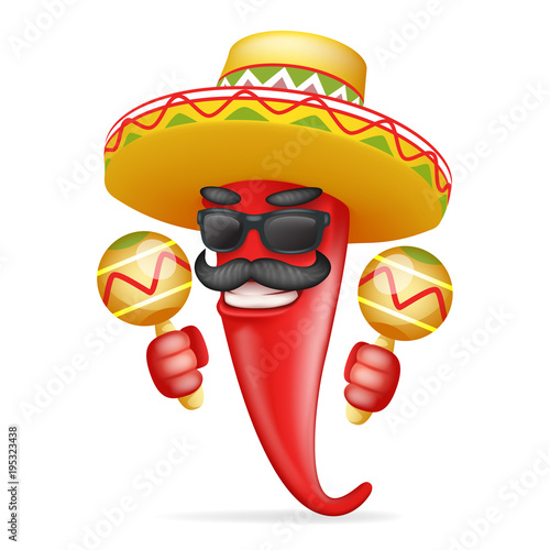 Latin maraca mexican hat red cool hot chili pepper sunglasses mustache happy character realistic 3d cartoon design vector illustration