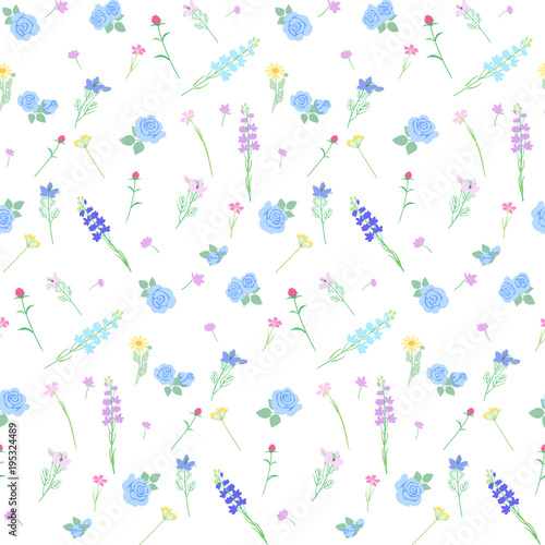 青いバラと草花　シームレスパターン © umiberry
