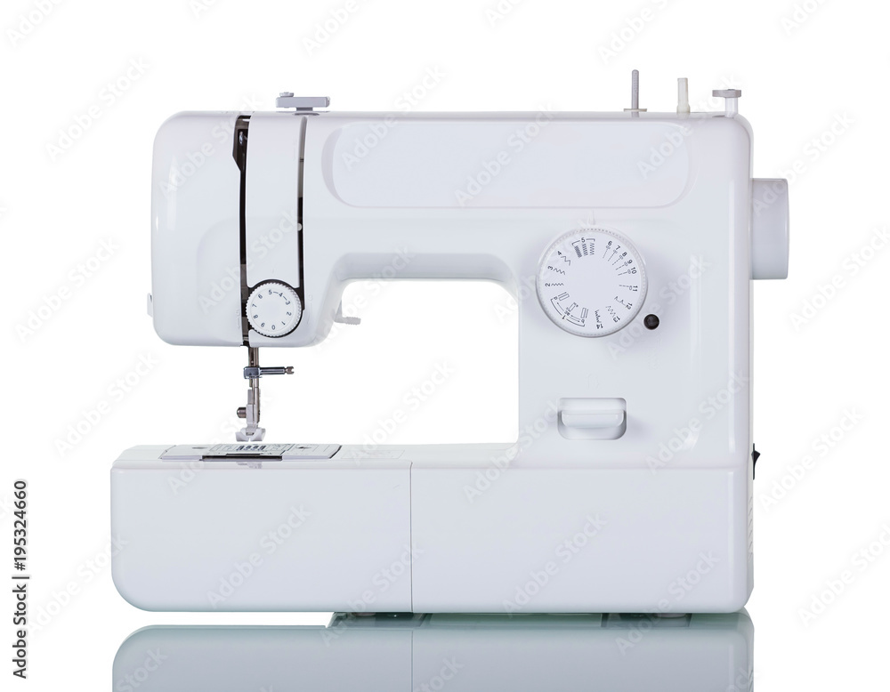 Modern multi-functional household sewing machine isolated on white