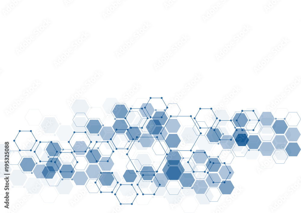 Abstract hexagonal molecular structures in technology background and science style. Medical design. Vector illustration Abstract hexagonal molecular structures in technology background and science style. Medical design. Vector illustration
