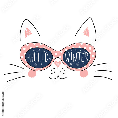 Hand drawn portrait of a cute cartoon funny cat in sunglasses with snowflakes reflection, text Hello Winter. Isolated objects on white background. Vector illustration. Design for change of seasons.