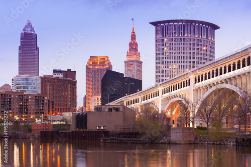 Detroit Superior Bridge over Cuyahoga River and downtown skyline  Cleveland  Ohio  USA