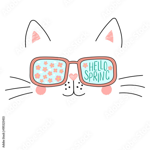 Hand drawn portrait of a cute cartoon funny cat in sunglasses with cherry blossoms reflection, text Hello Spring. Isolated objects on white background. Vector illustration. Design change of seasons.