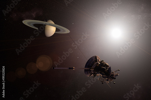 Fototapeta Naklejka Na Ścianę i Meble -  3D rendering of an unmanned spacecraft approaching the planet Saturn