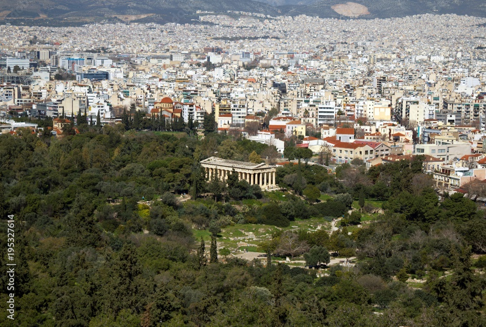 The temple of Thisseio or temple of Hephaestus as seen from Acropolis of Athens, Greece.
