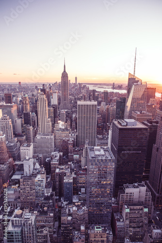 Lower Manhattan Downtown skyline panorama from Brooklyn Bridge Park riverbank  New York City  USA