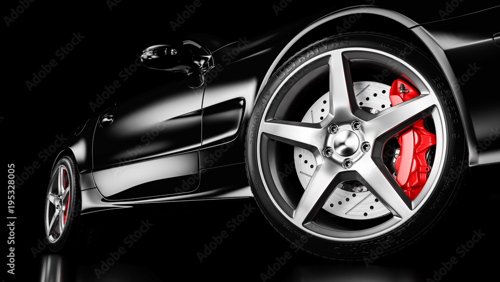 Fototapeta premium Czarny luksusowy samochód w oświetleniu studyjnym. 3d
