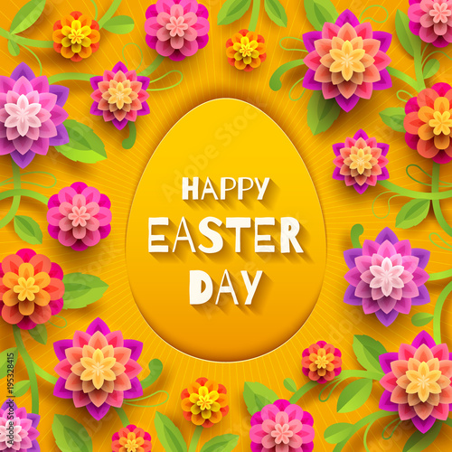 Easter greeting card. Easter paper egg with greeting and  flowers on a yellow background. Vector illustration.