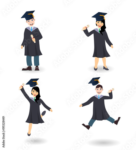 A young graduate man and woman. Set of cartoon charcters illustration