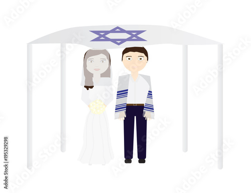 Jewish wedding vector illustration, Bride and groom under a chuppah