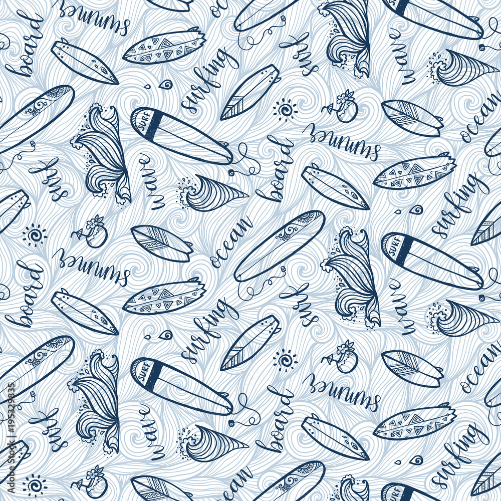 Light blue doodle style surfing boards, waves and lettering signs vector seamless pattern