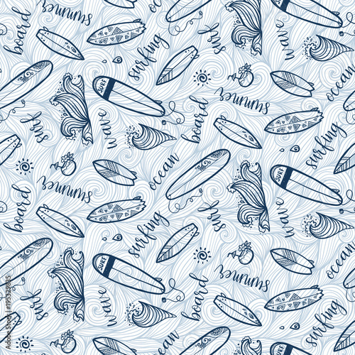 Light blue doodle style surfing boards, waves and lettering signs vector seamless pattern