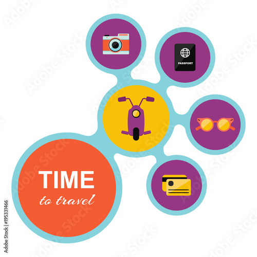 Card "Time to travel" with additional icons, such as: scooter, camera, passport, card, sunglasses