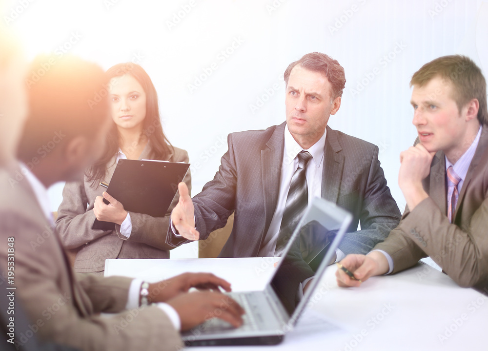 businessman holds working meeting with employees businessman holds working meeting with employees