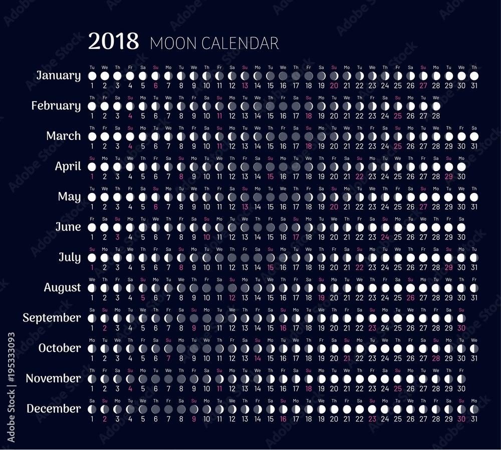 Vecteur Stock Lunar Calendar 18 Year In Flat Style Planner With All Months Moon Phases On Scheduler Convenient Calendar For Busy People And Addicted To Astrology Flat Vector Illustration Of Menology