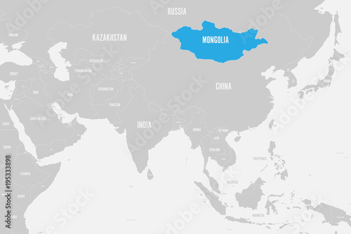 Mongolia blue marked in political map of Southern Asia. Vector illustration.