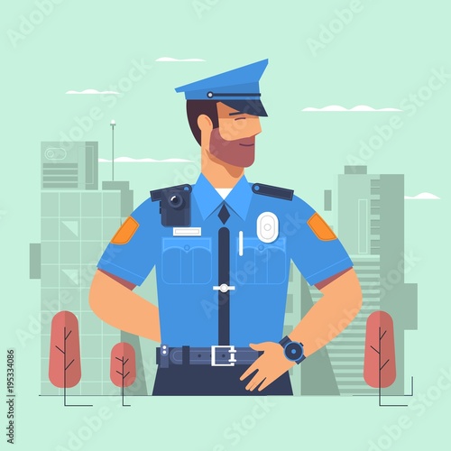 Police officer, man of police force, standing full face in uniform of policeman