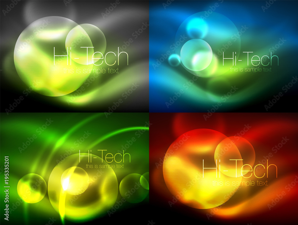 Set of blurred neon glowing circles, hi-tech modern bubble templates, techno glowing glass round shapes or spheres. Geometric abstract backgrounds Set of blurred neon glowing circles, hi-tech modern bubble templates, techno glowing glass round shapes or spheres. Geometric abstract backgrounds