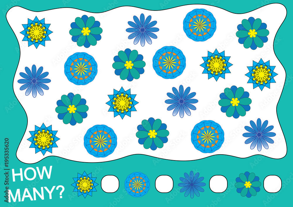 Count how many doodle flowers. Learning numbers, mathematics. Game for children.