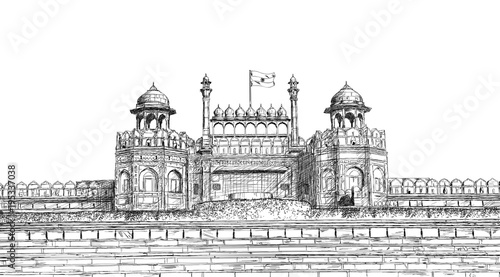 Red Fort, New Delhi, India - Detailed Vector Sketch Illustration
