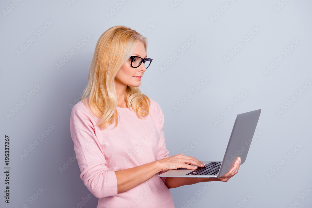 People digital pc device gadget person concept. Side half-turned view portrait of serious clever concentrated focused confident charming woman using netbook isolated on gray background copy-space