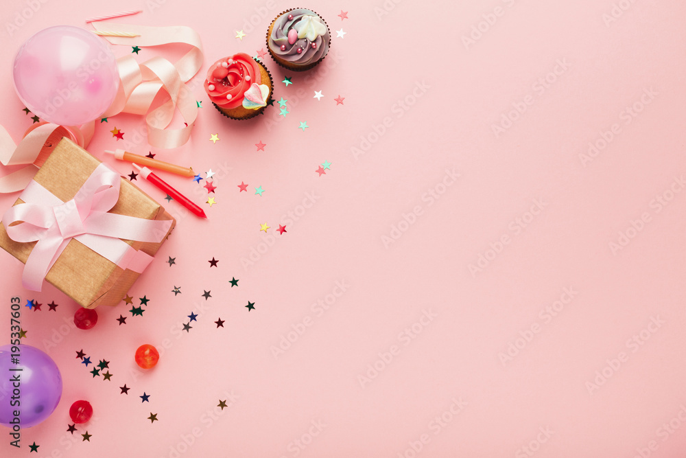 Birthday party background with gift and cakes Birthday party background with gift and cakes