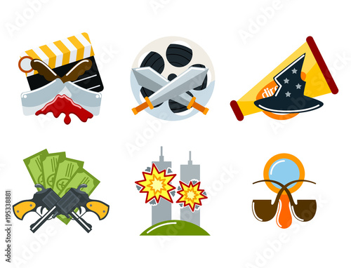 Cinema genre icons set cinematography flat entertainment comedy drama thriller movie production symbol vector illustration.